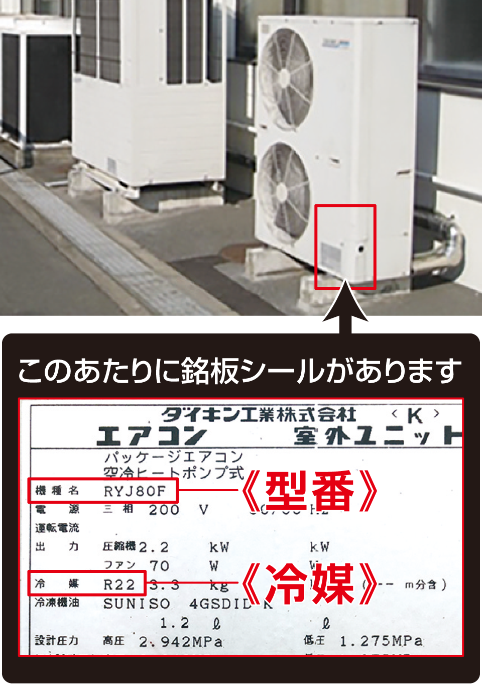 銘版のシールは室外機の下部にあります